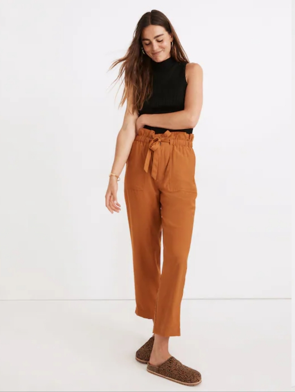 Madewell Dunaway Paperbag Pants Golden Pecan High Tie Waist Ankle Crop Length SM